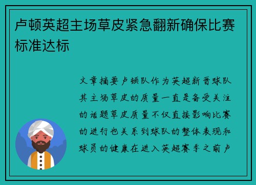 卢顿英超主场草皮紧急翻新确保比赛标准达标