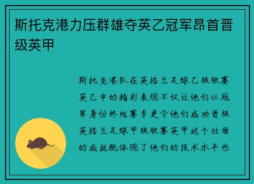 斯托克港力压群雄夺英乙冠军昂首晋级英甲
